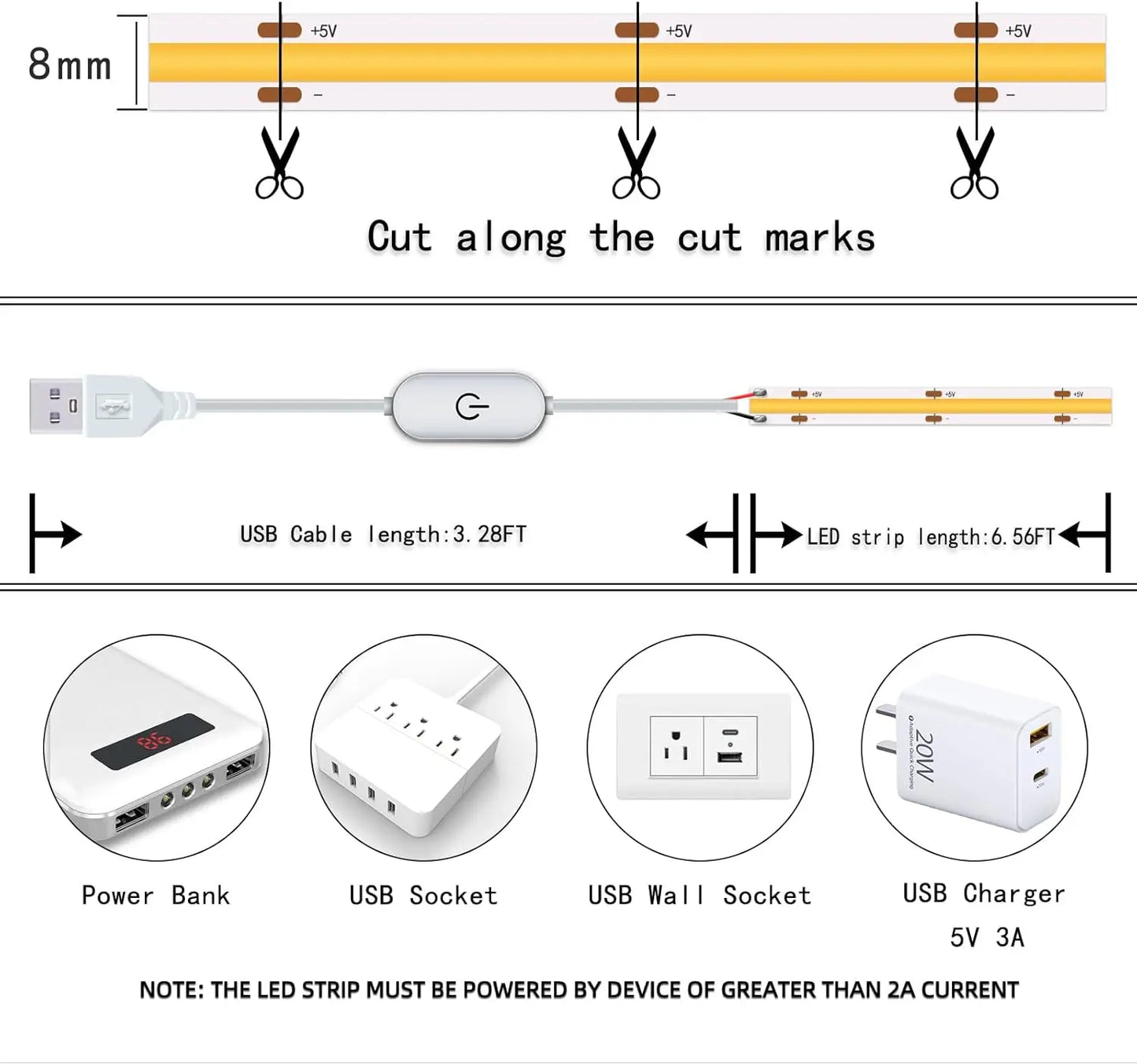 1M-5M USB LED Strip Light 5V 320LEDs/M COB Touch Sensor