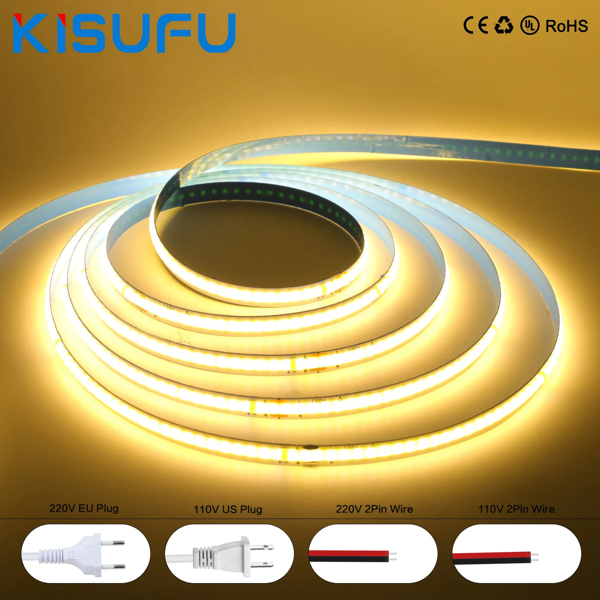 20m 15m 10m COB LED Strip Light 110V 220V 240LEDs/m CRI90 High Density Flexible