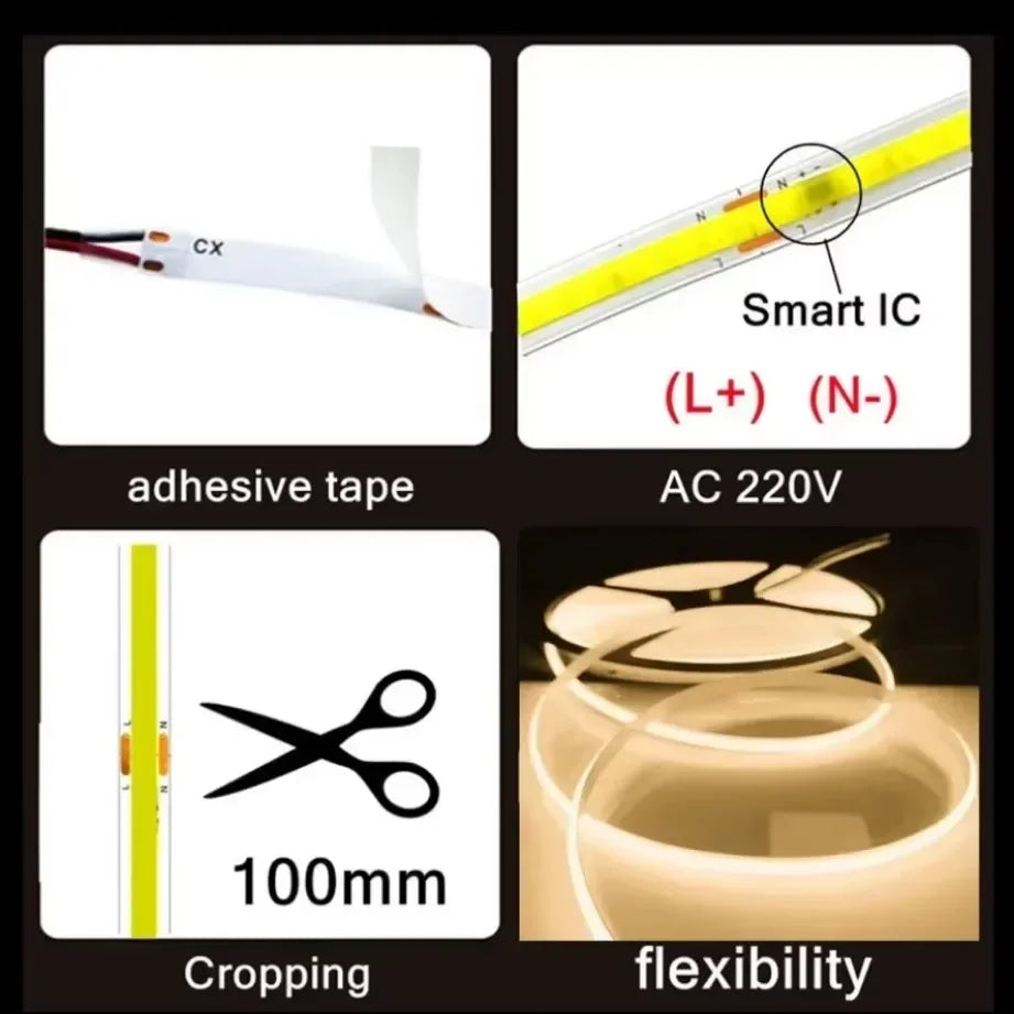 220V COB LED Strip 0.5M-10M Flexible Tape Light Smart