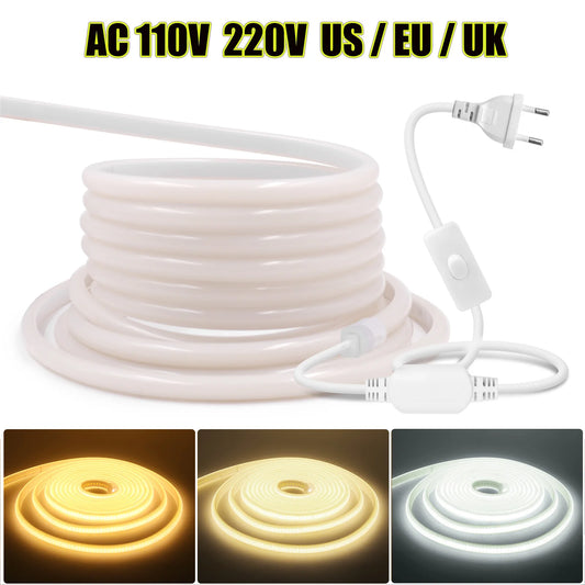 AC 110V 220V COB LED Strip Waterproof High Bright Flexible Ribbon
