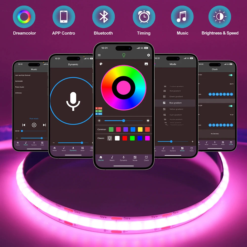 DC 5V USB RGB COB Light Strip 576LED/M Bluetooth APP 3key Controller