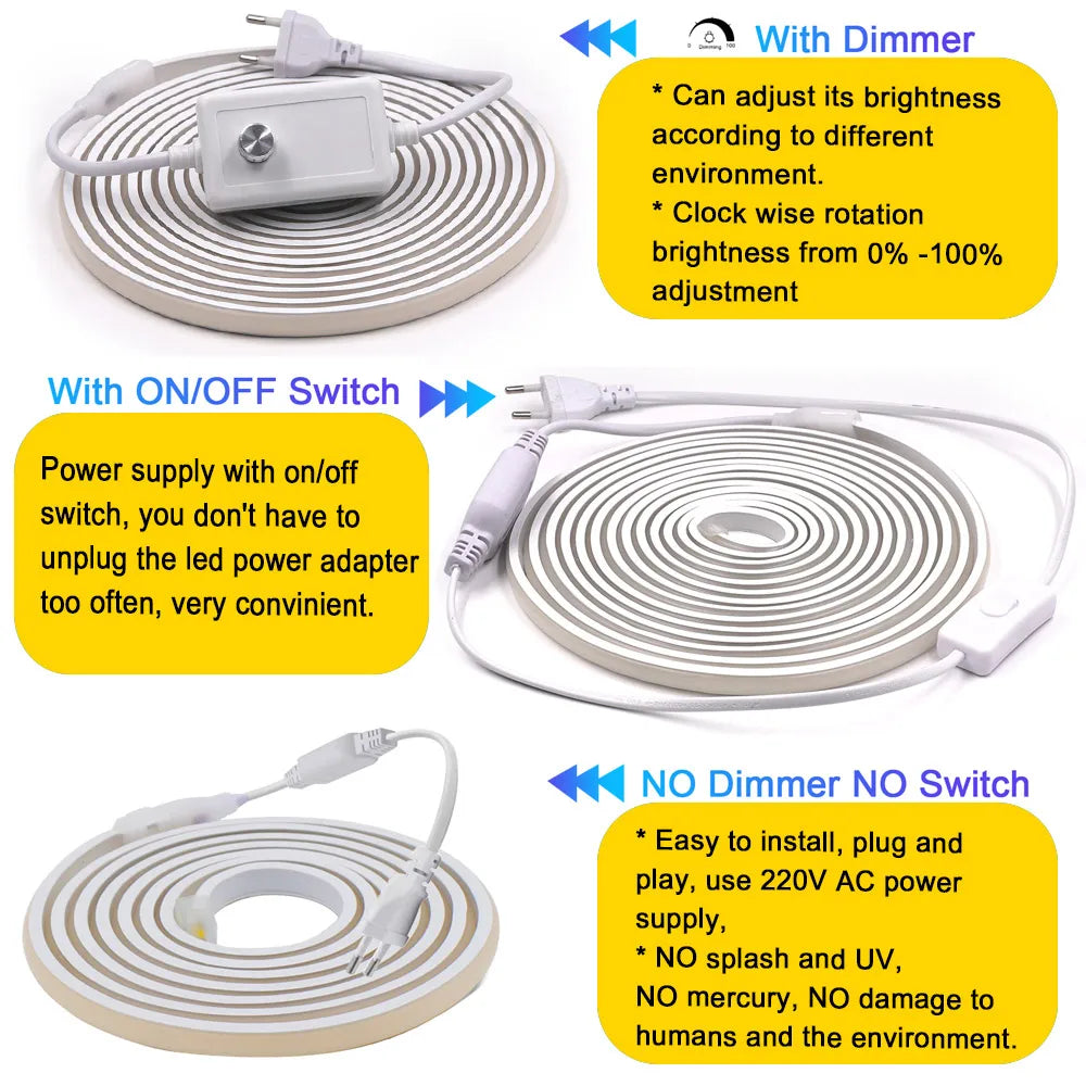 Dimmable COB LED Neon Strip Light 220V Dimmer Switch Power Kit