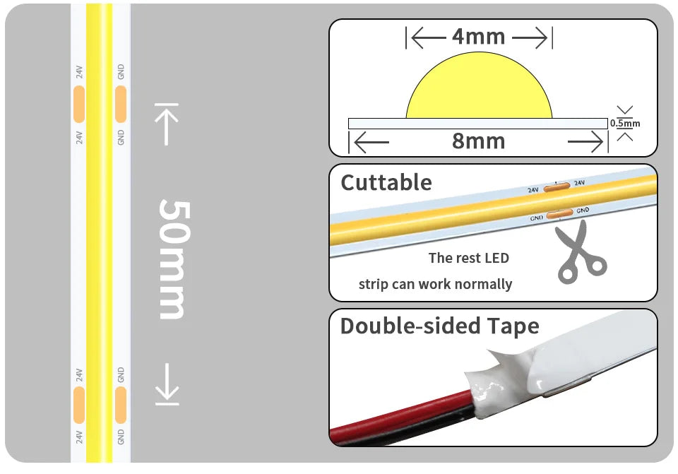 24V 12V COB LED Strip Light 8mm 320LEDs/M High Density