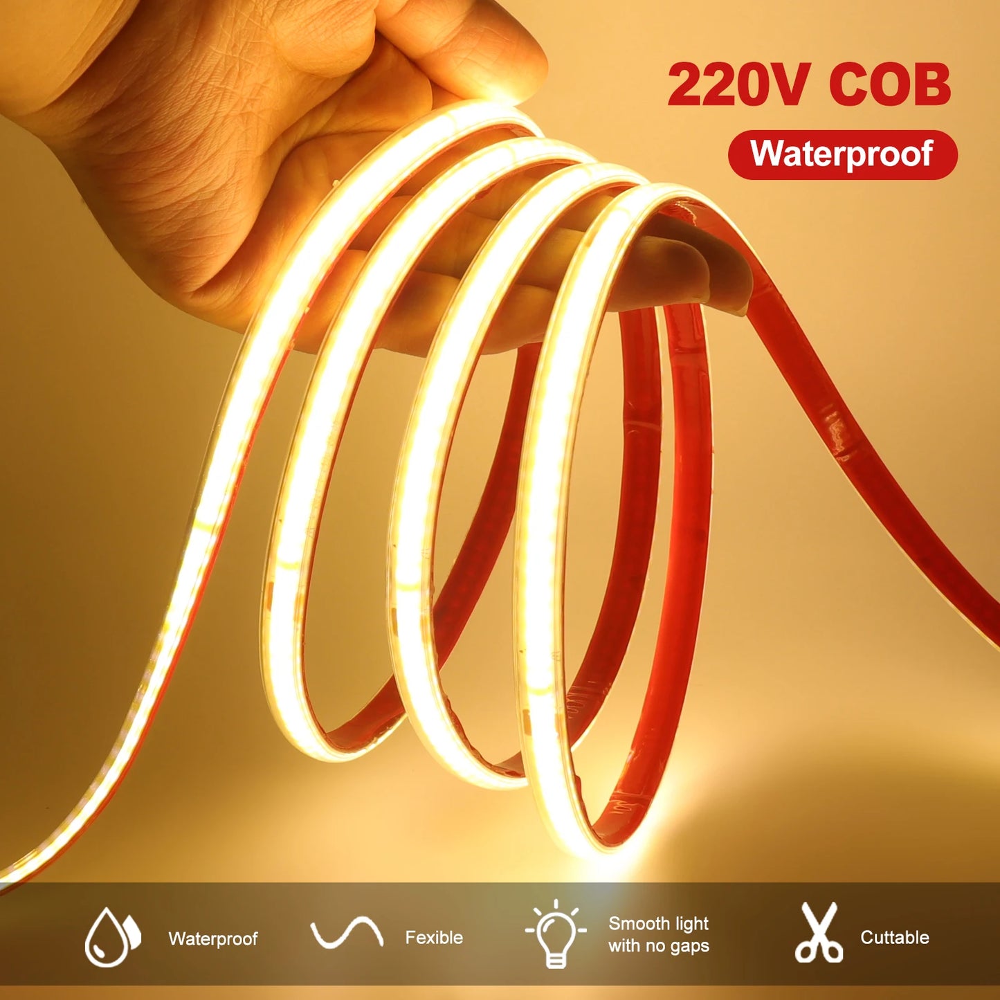 AC 230V COB Strip 240LEDs/M IP65 Waterproof Tape Adhesive