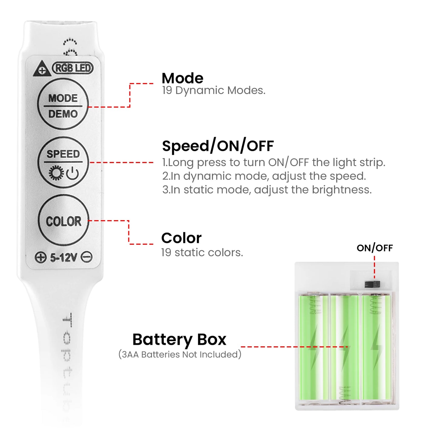 5V RGB Neon Strip Light 1M 2M 3M 3AA Battery Box
