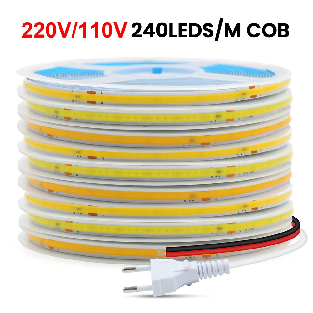 220V 110V COB LED 5m 10m 20m 50m Strip Light 2pin Power Kit