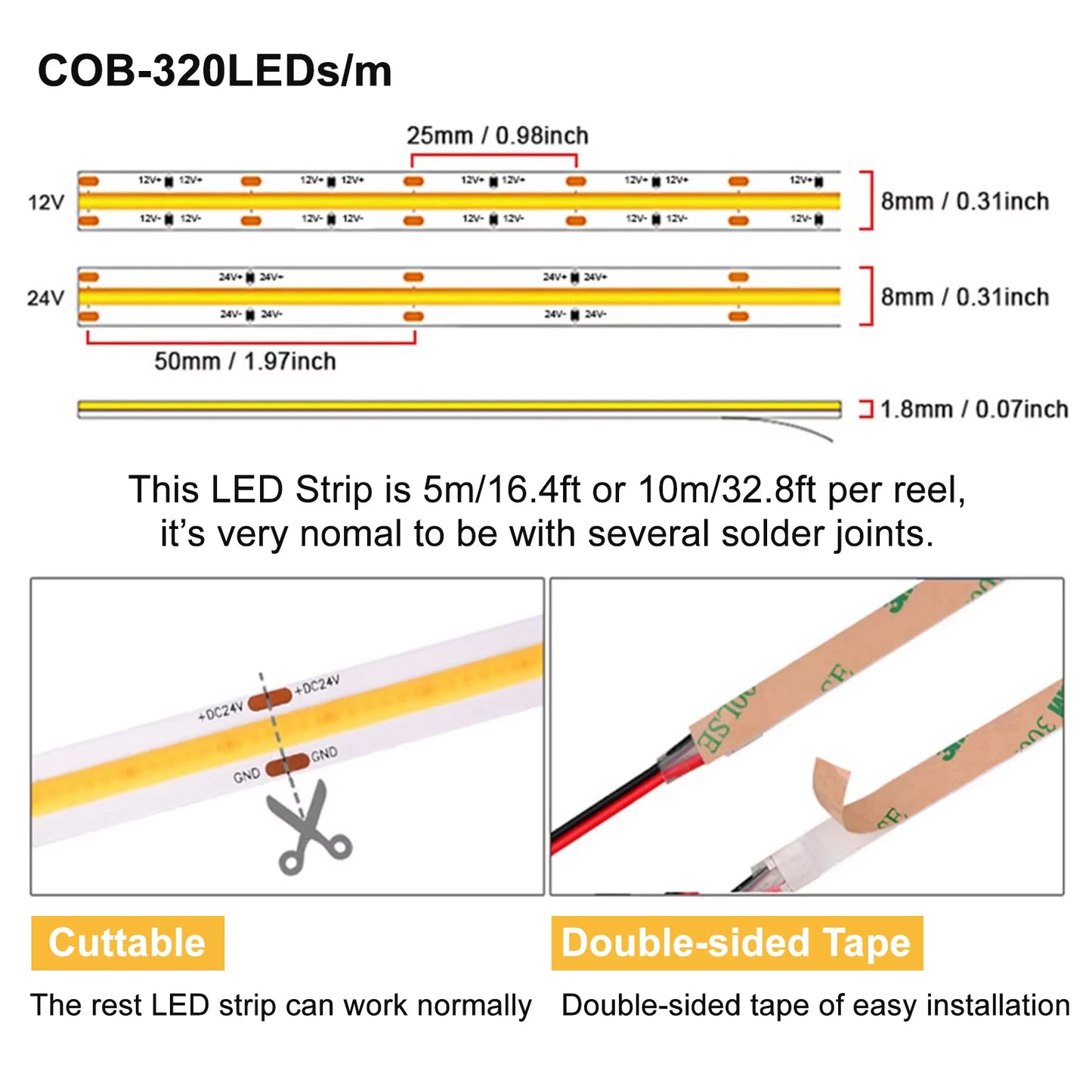 COB LED Strip Lights High Density Flexible LED Ribbon Tape