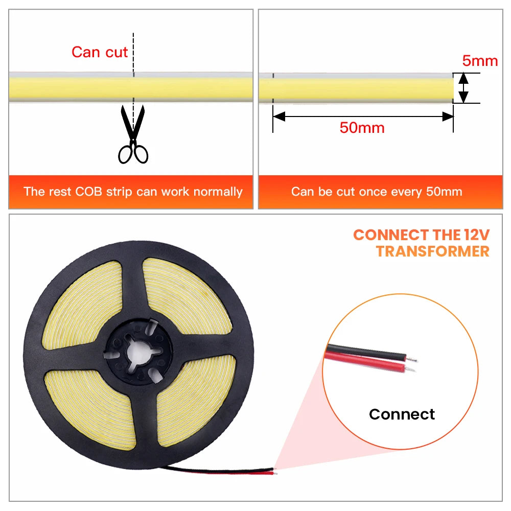 3mm 5mm 8mm PCB COB LED Strip 5V 12V 24V 320LEDs