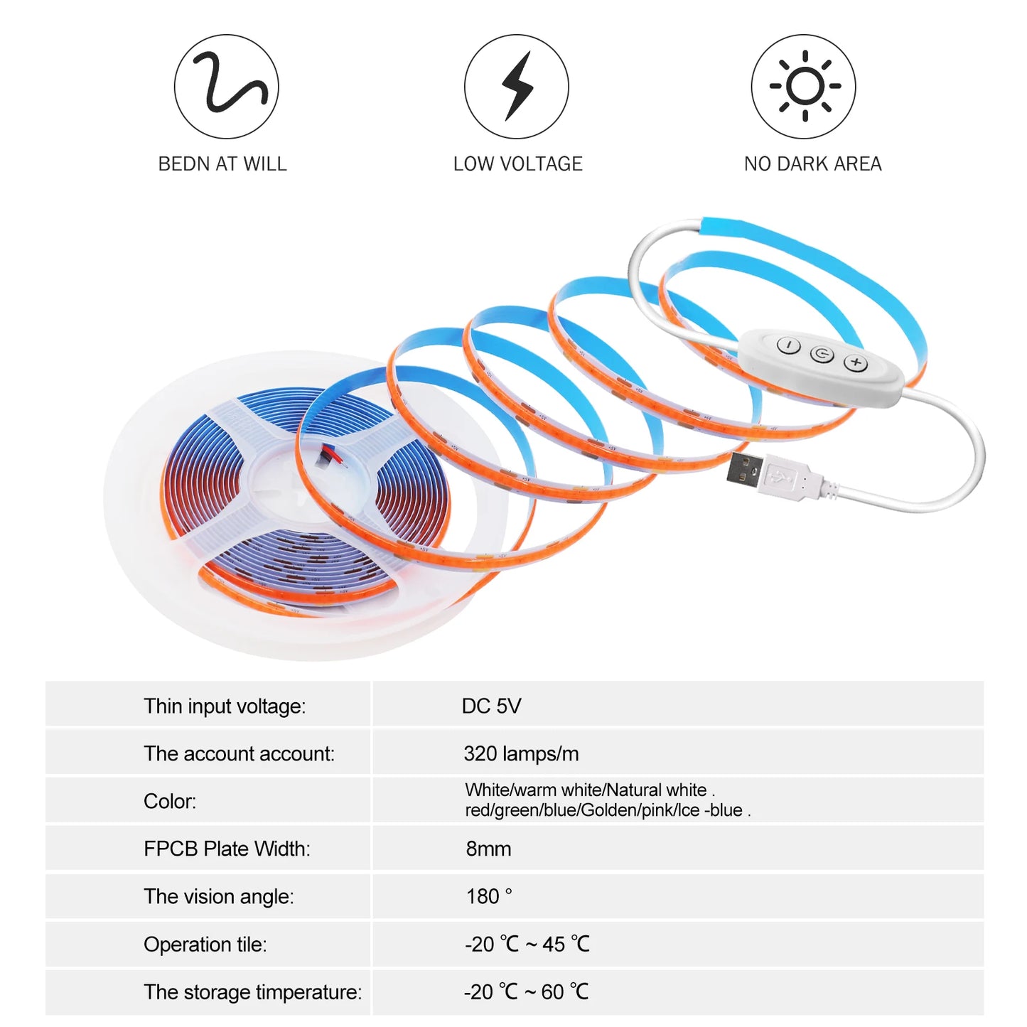 5V COB LED Light Strip With Touch Dimmer/ON OFF Switch