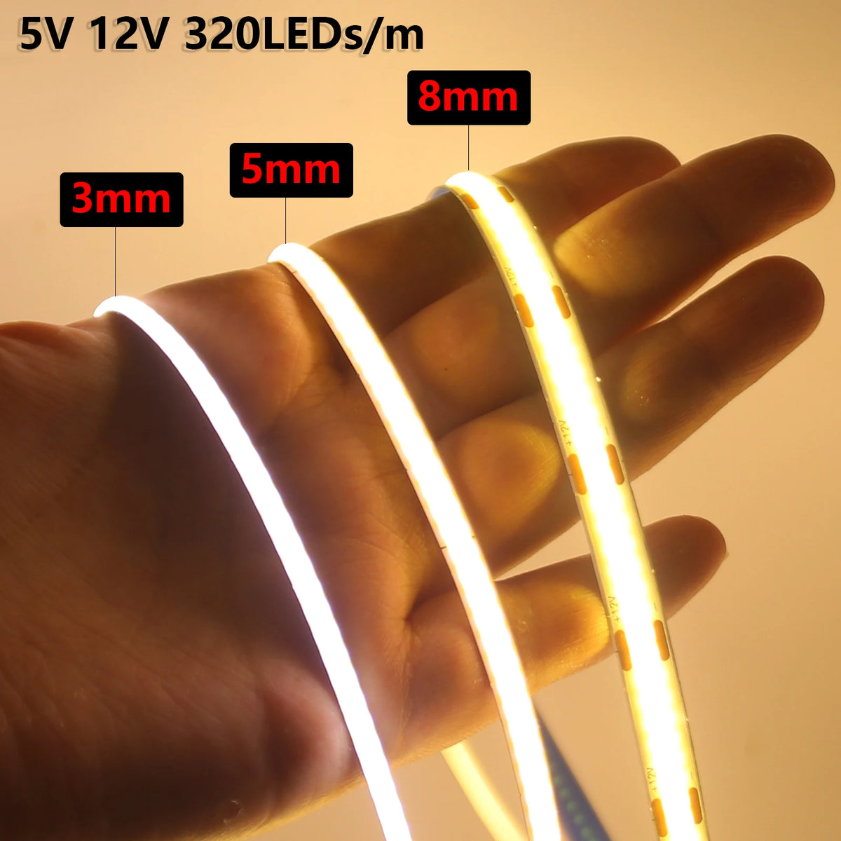 3mm 5mm 8mm COB LED Strip Light 5V 12V 320LEDs/m High Density