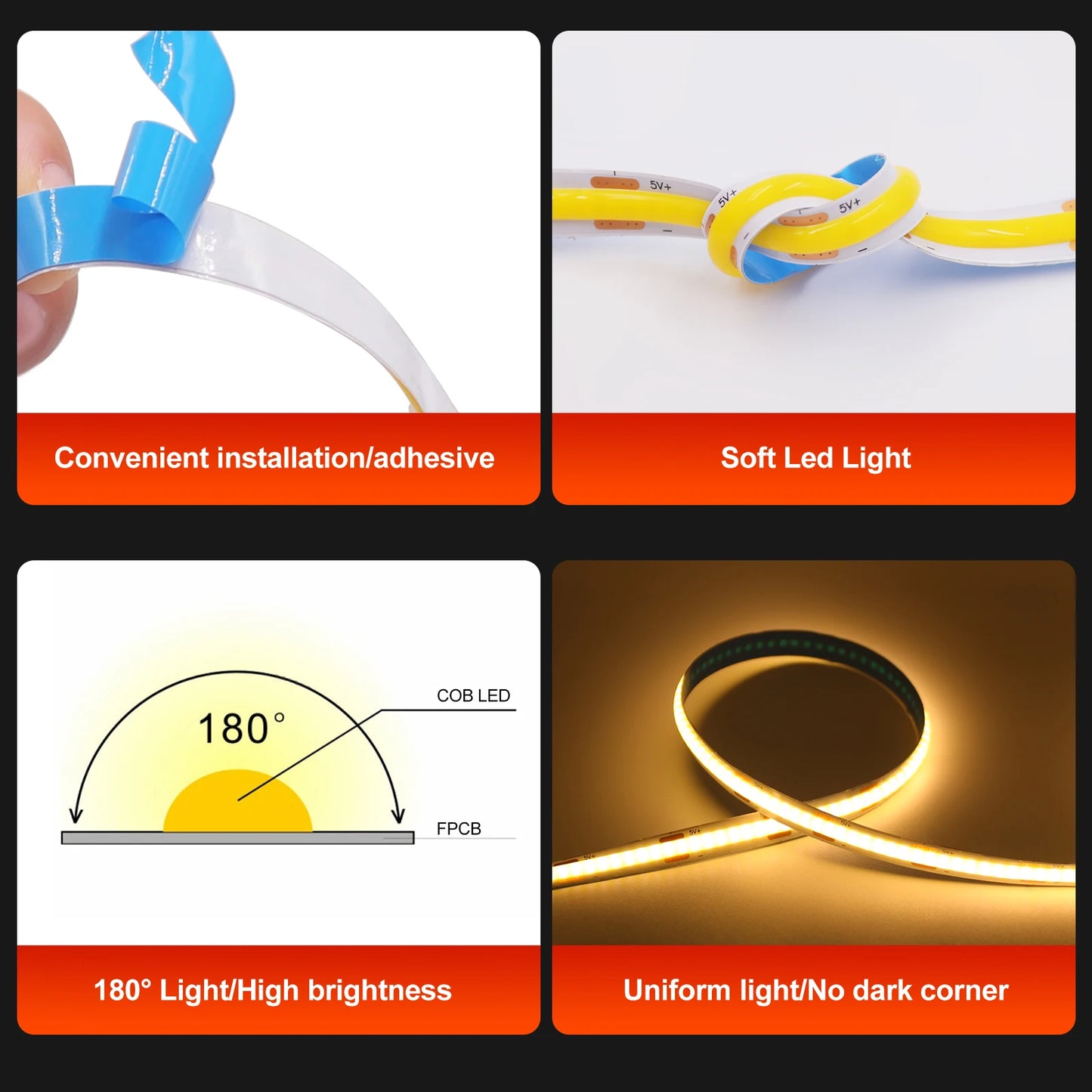 3AA Battery Power COB LED Strip Light 5V 320LEDs
