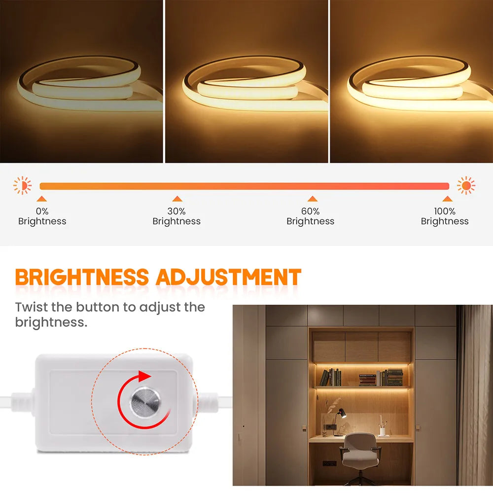 Dimmable COB LED Neon Strip Light 220V Dimmer Switch Power Kit
