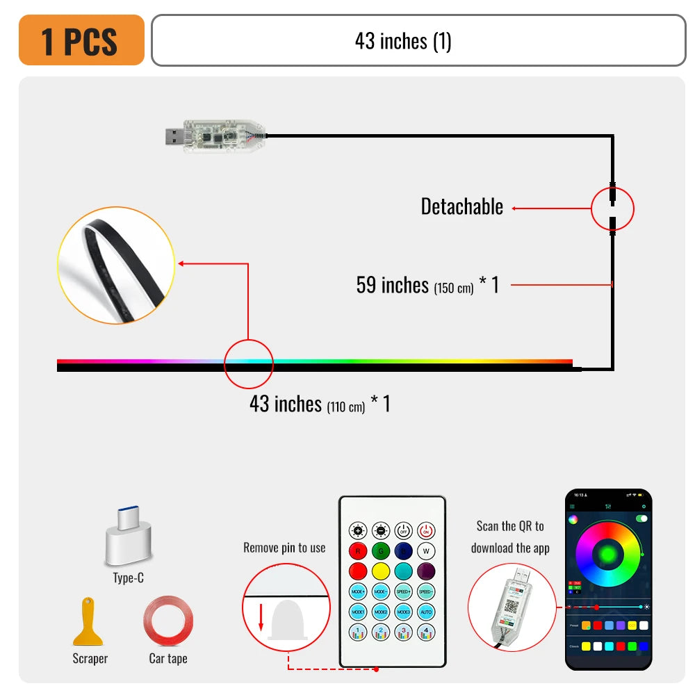 Streamer Car Ambient Lights RGB 64 Color Universal LED
