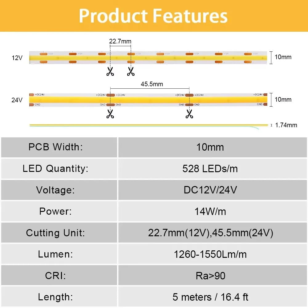 Linear Dimmable 24V 12V COB LED Strip Light For Room Decor