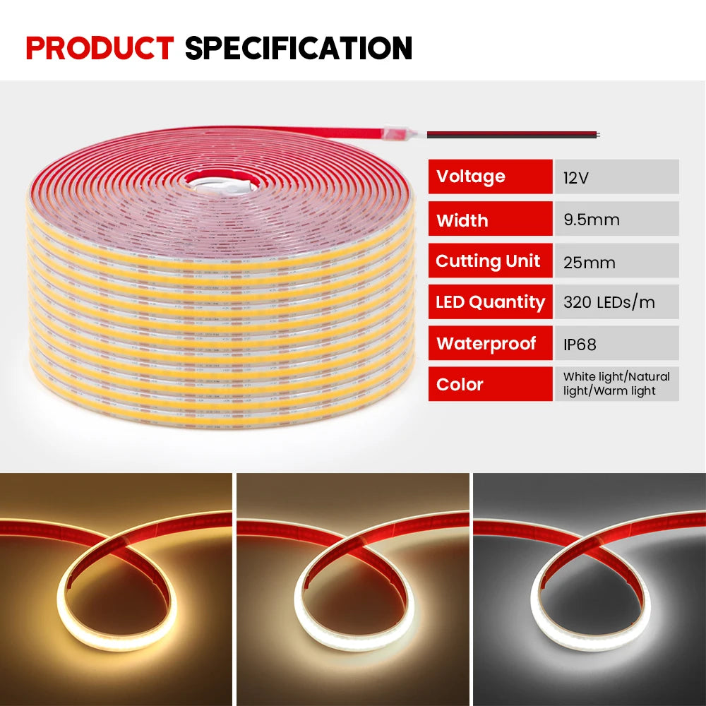 12V 24V IP68 Waterproof COB LED Strip Light 320LEDs