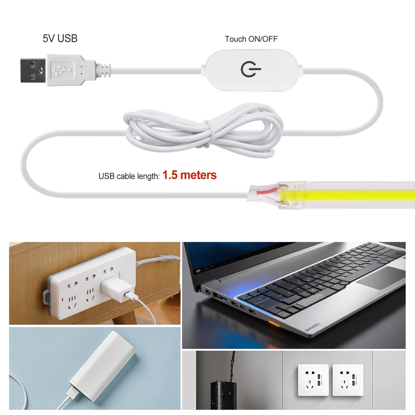 COB LED Strip with Touch Switch 5V USB Flexible Tape