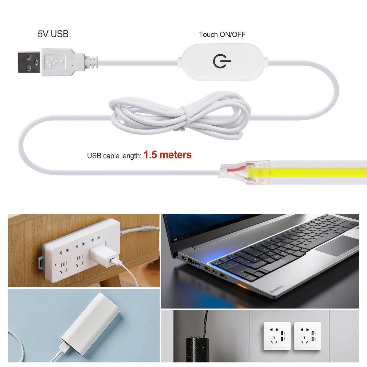 COB LED Strip with Touch Switch 5V USB Flexible Tape