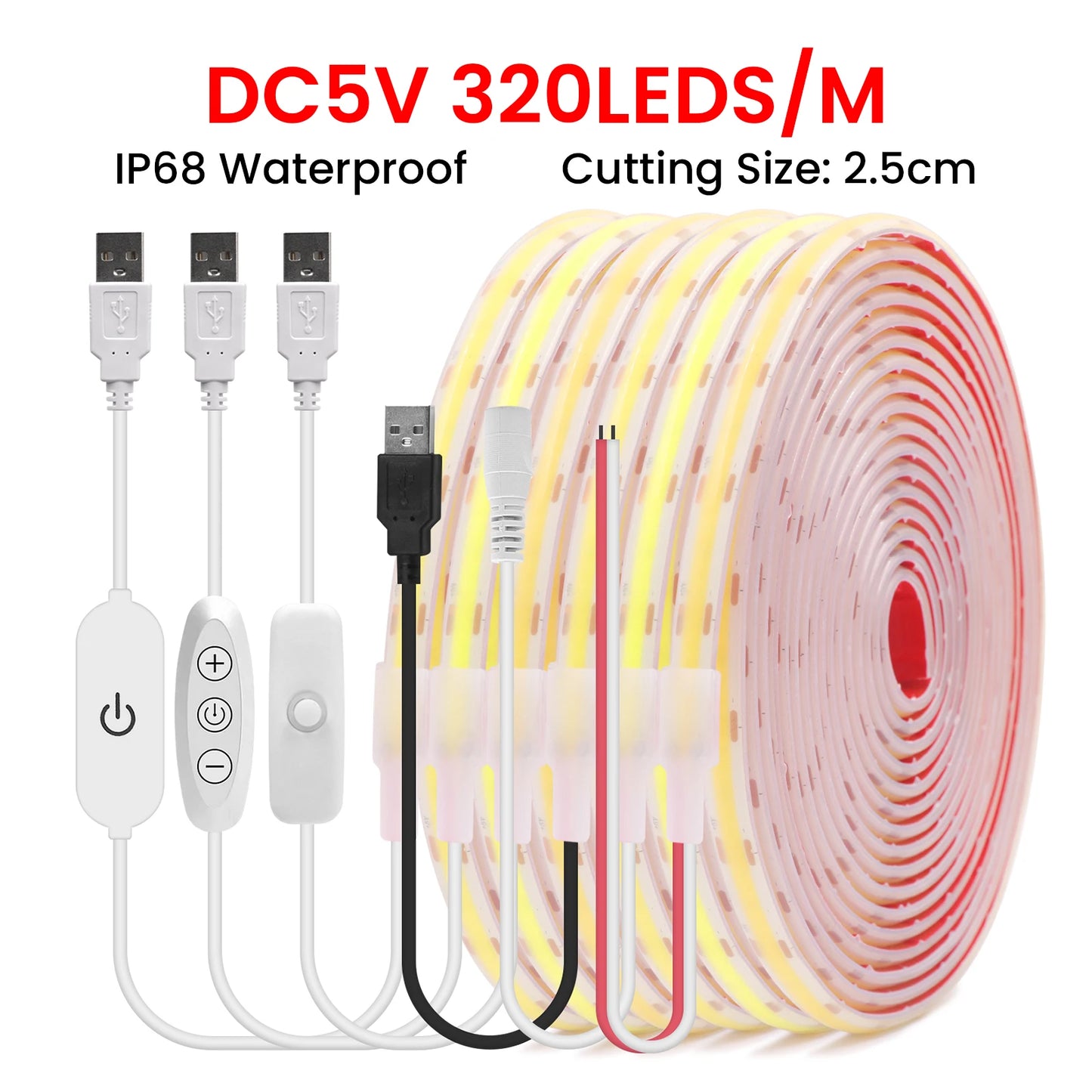 IP68 Waterproof USB COB LED Strip Light 5V 320LEDs