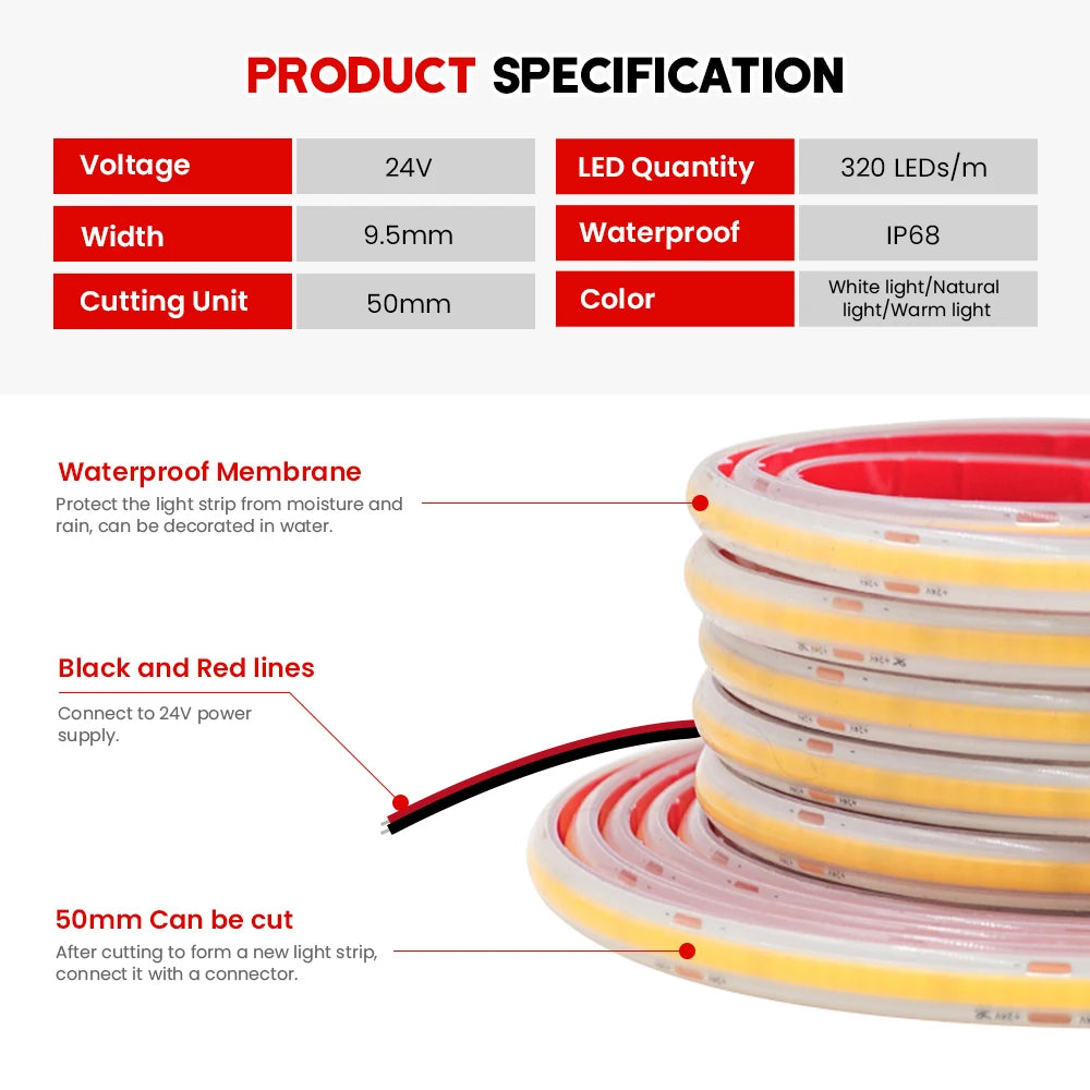 12V 24V IP68 Waterproof COB LED Strip Light 320LEDs