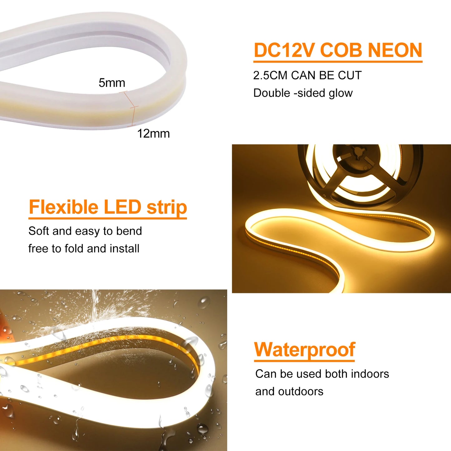 DC 24V COB Solar Neon Light Strips 320LEDs 480LEDs Lighting