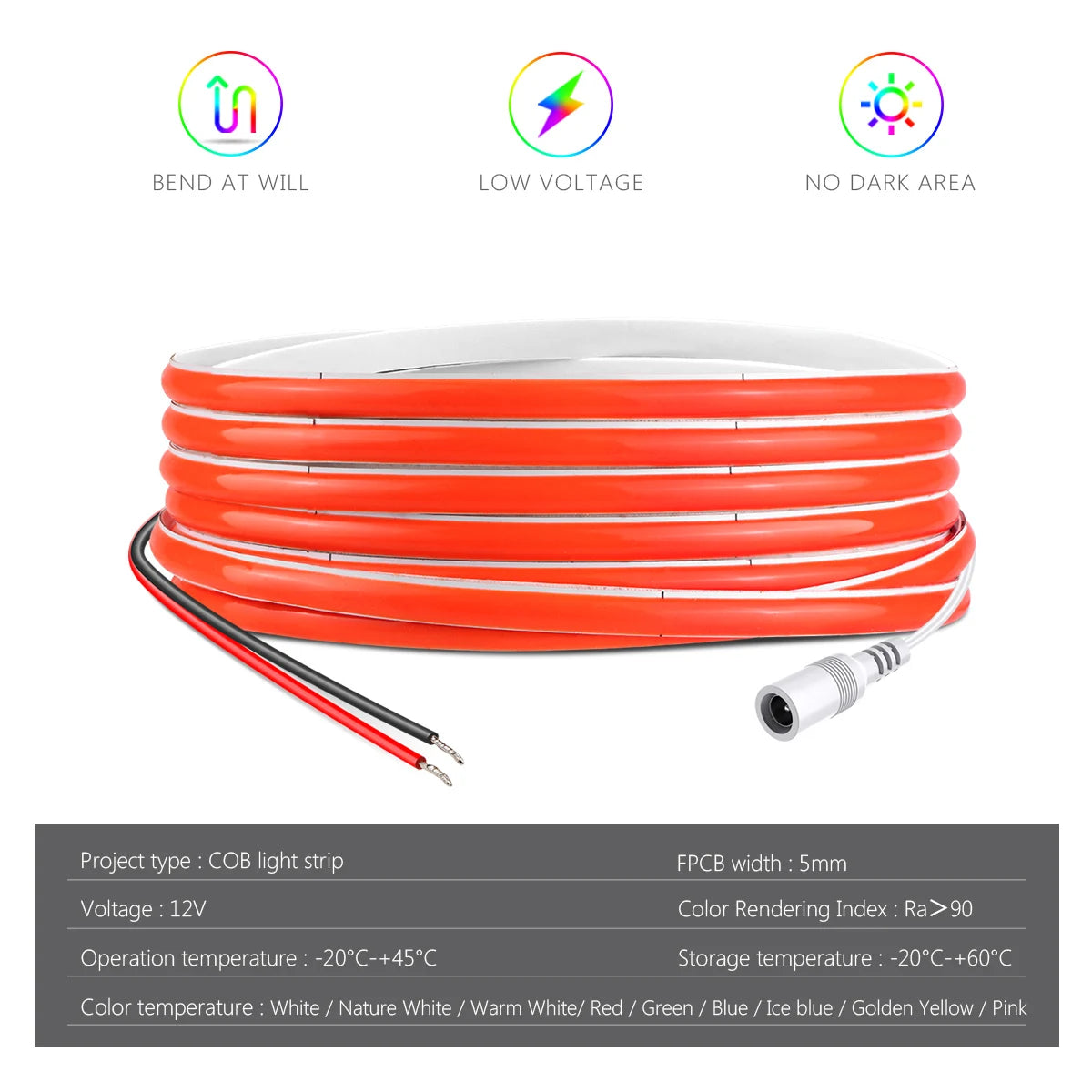 Super Bright FOB Single Color COB LED Strip Light Flexible 5MM PCB Width