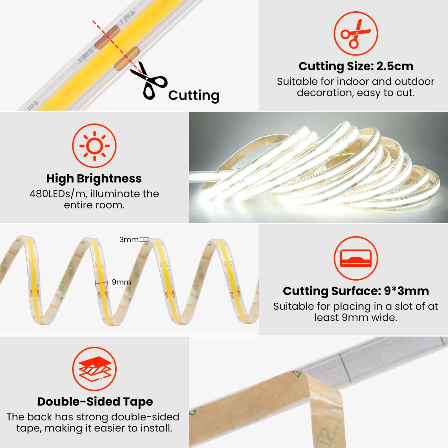 IP68 Waterproof COB LED Strip Lights 12V 24V 480Leds Diode Tape