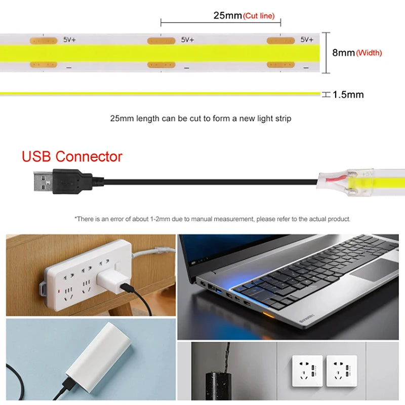 1~5m DC5V COB LED Strip Light with USB power supply