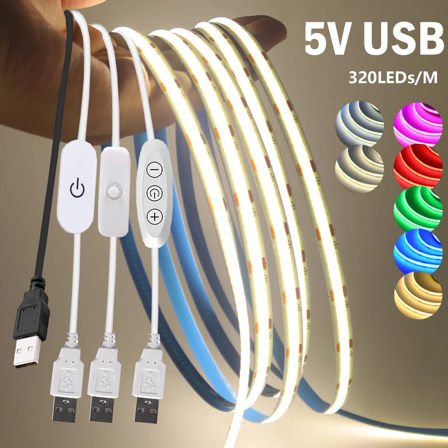 5V USB COB LED Strip Light 3Keys Touch Dimmable ON/OFF Switch