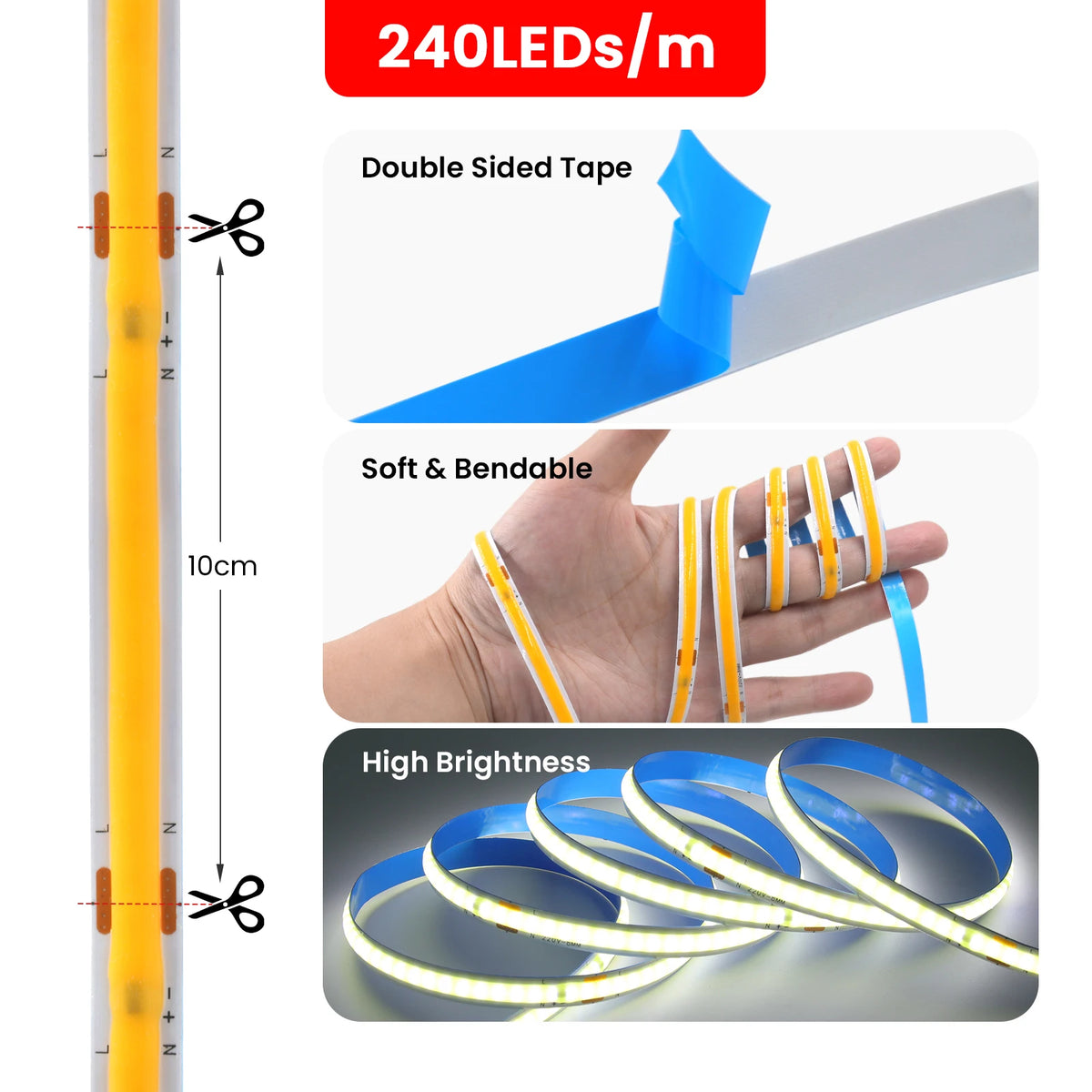 AC 110V 220V COB Strip PCB 8MM 240Leds For Home Decor