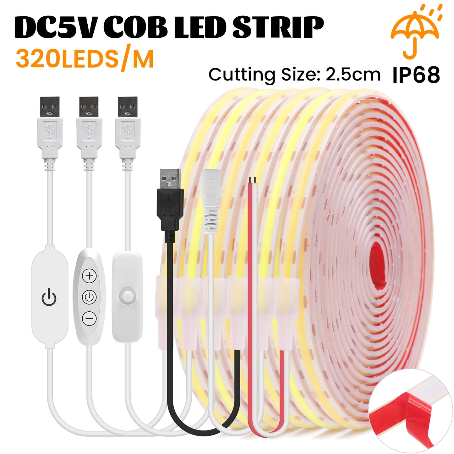IP68 Waterproof USB COB LED Strip Light 5V 320LEDs