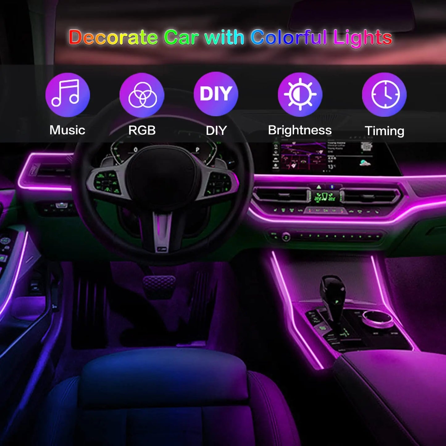 LED Car Interior Ambient Strip Lights RGB Fiber Optic Atmosphere