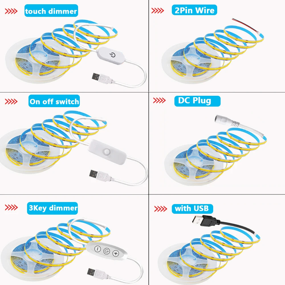 5V USB COB LED Strip Light 3Keys Touch Dimmable ON/OFF Switch