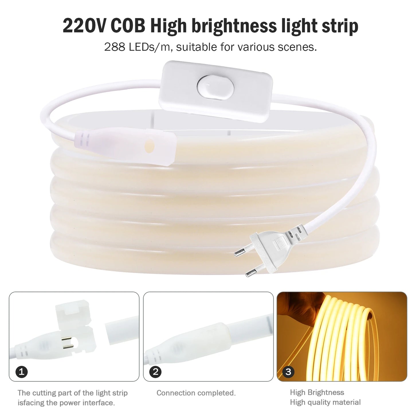 COB LED Strip Light With EU Switch/Dimmer Plug