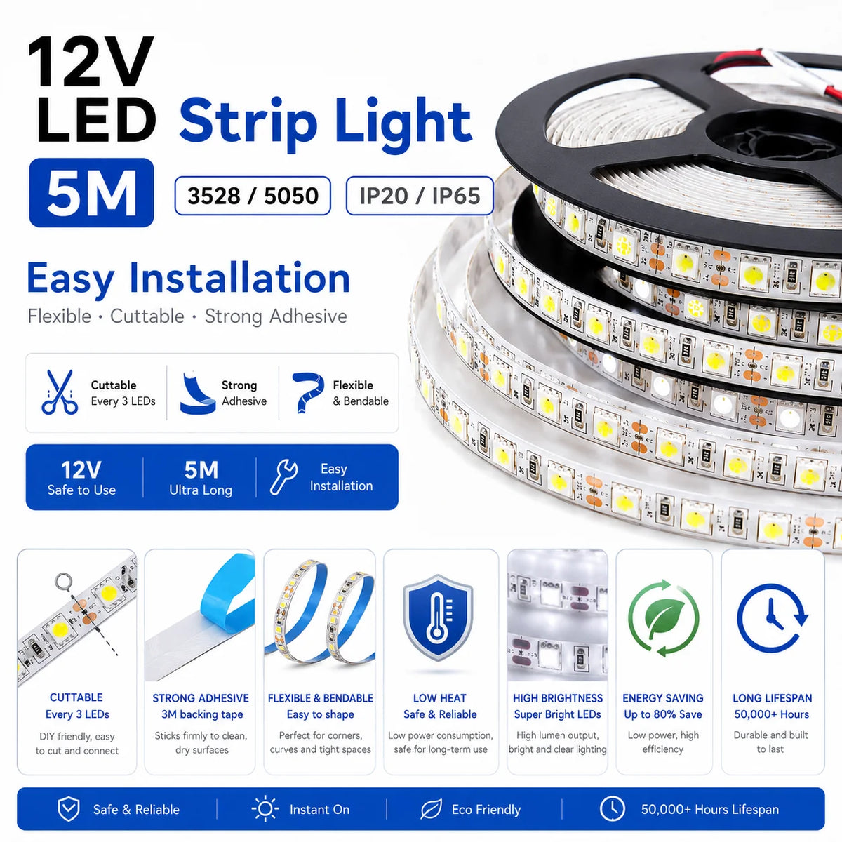 5M 12V LED Strip Light 3528 5050 SMD LED Tape RGB