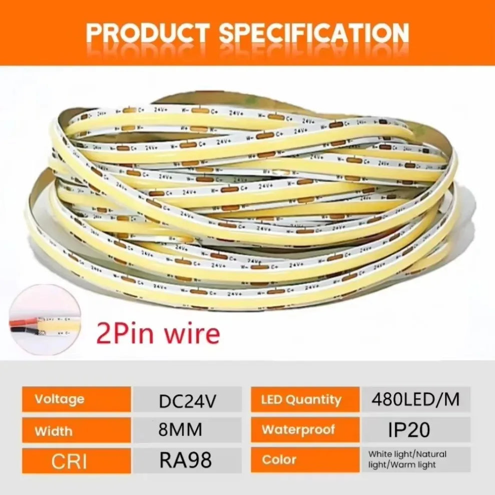 0.5M-10M FOB COB LED Strip Lights DC24V High Density