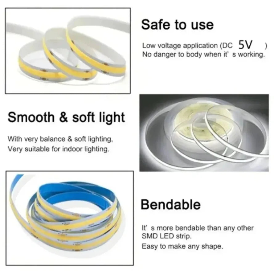 320Leds/M 8mm COB LED Strip DC 12V 24V Flexible High Bright Tape