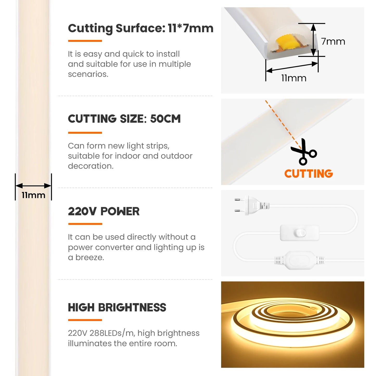 AC 220V Waterproof COB LED Strip Light With EU Switch Plug