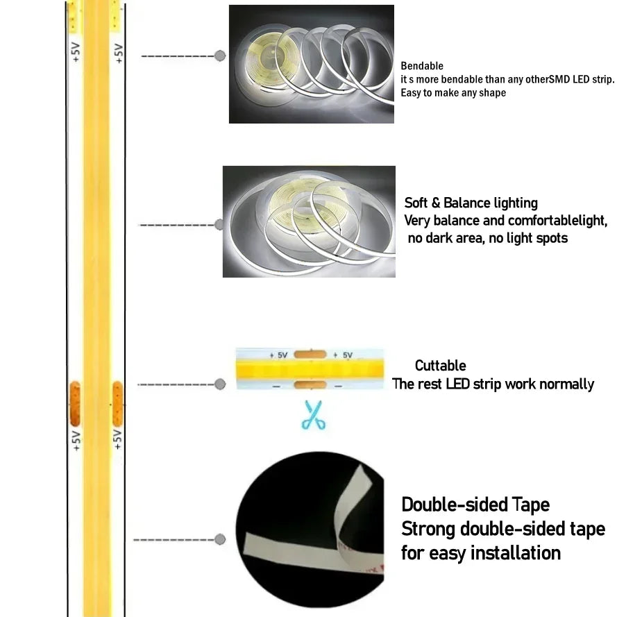 320Leds/M 8mm COB LED Strip DC 12V 24V Flexible High Bright Tape