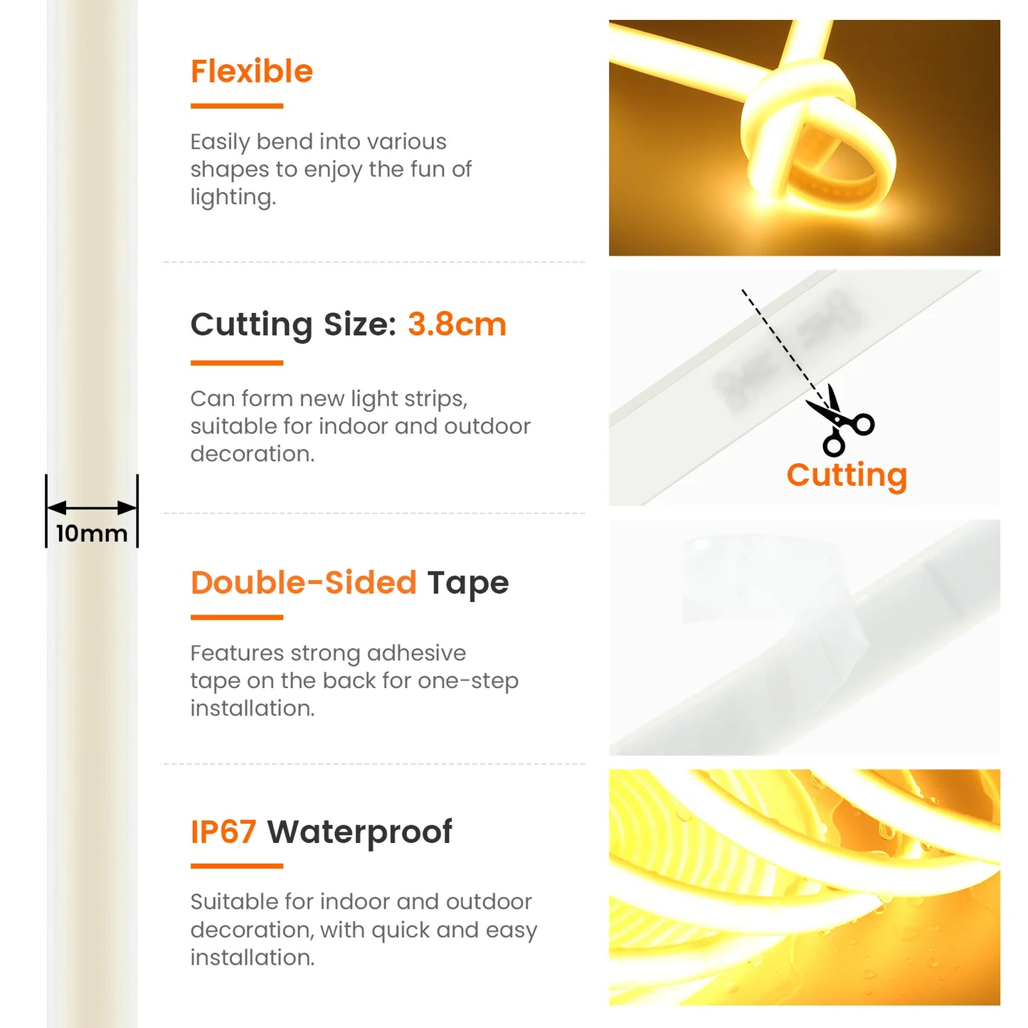 12V 24V COB LED Strip Light RA90 IP67 Waterproof Outdoor