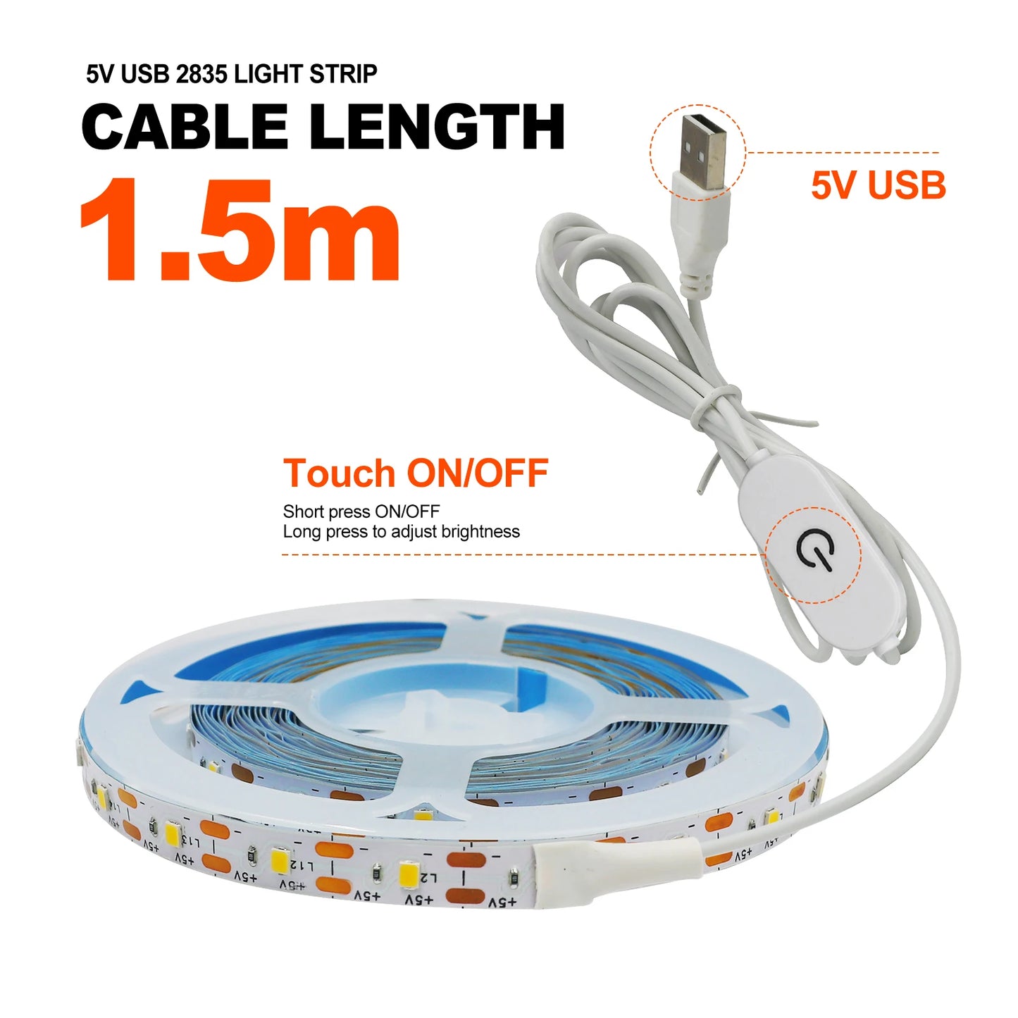 USB LED Strip Light DC5V 2835 With Dimmer/ON OFF Switch