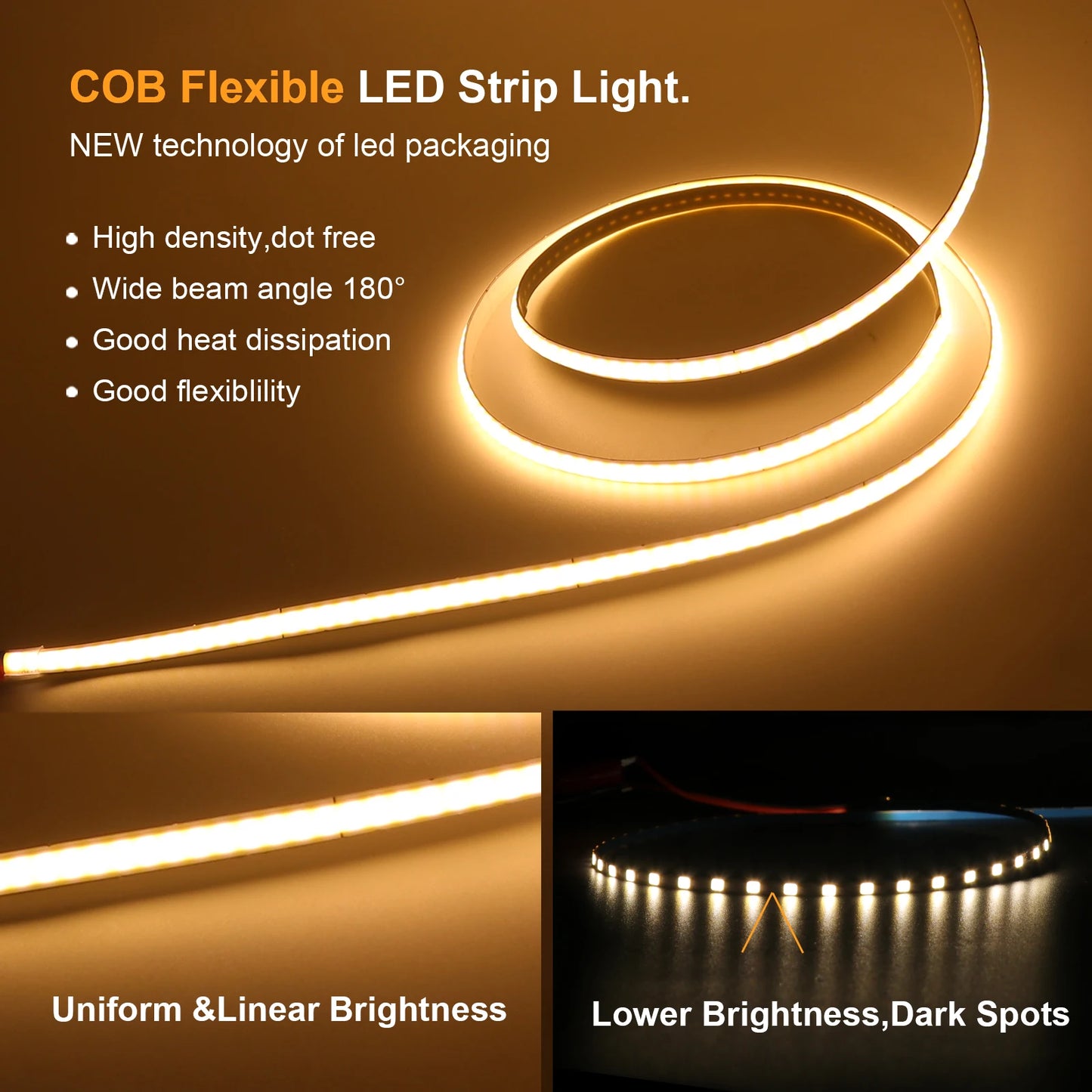 3mm 5mm 8mm COB LED Strip Light 5V 12V 320LEDs/m High Density