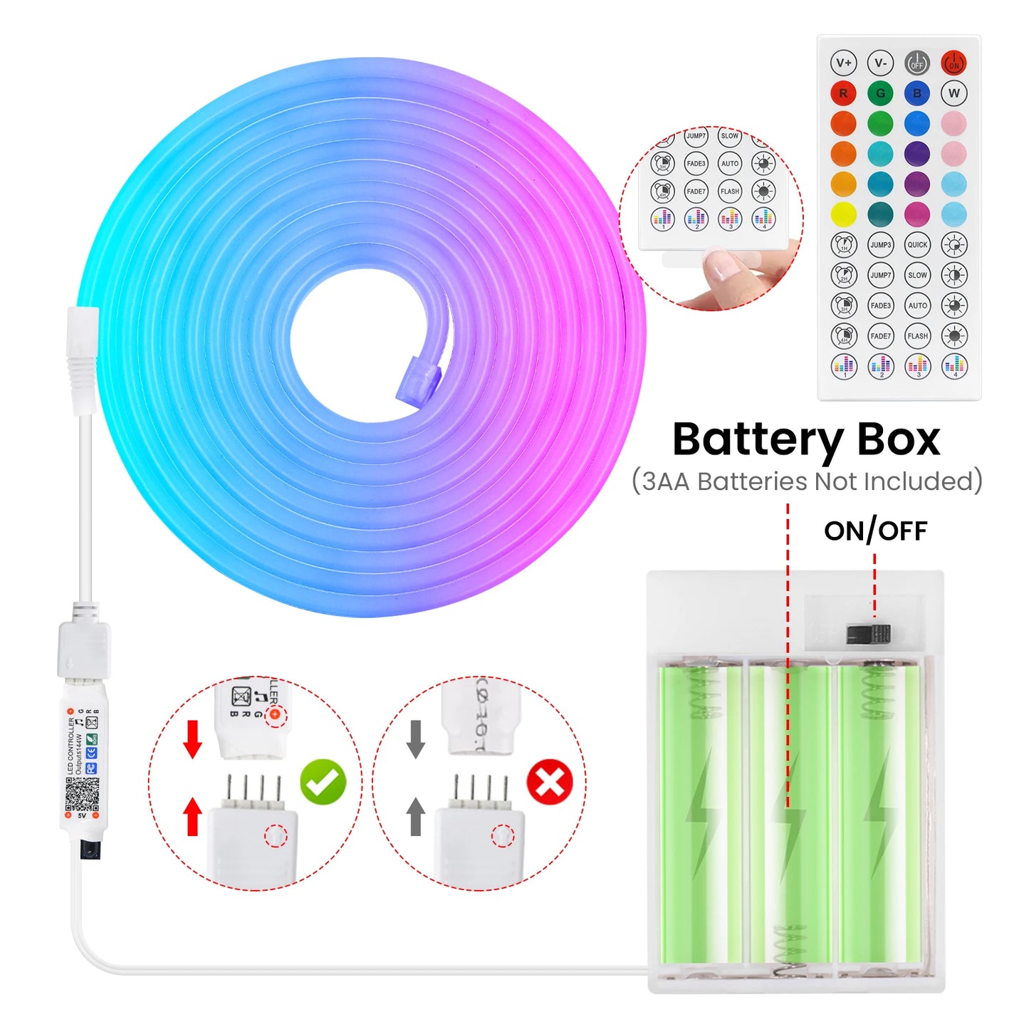 5V RGB Neon Strip Light 1M 2M 3M 3AA Battery Box