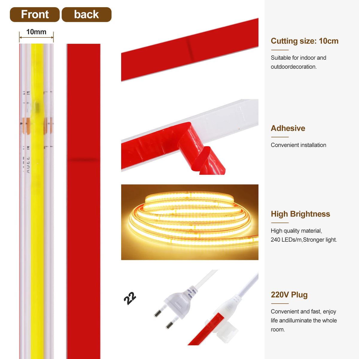 220V COB LED Strip IP65 Waterproof Flexible Tape Light
