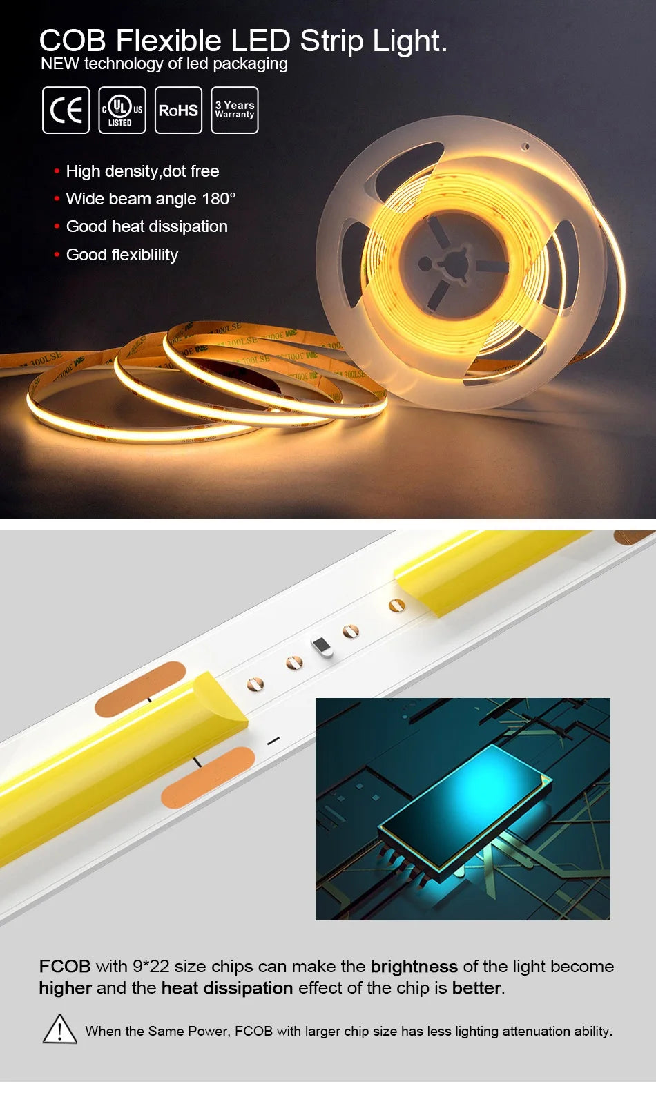 UL Listed COB LED Strip Light High Density Flexible Tape