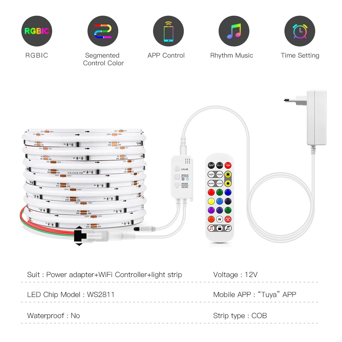 Tuya Smart WIFI RGBIC COB LED Strip Light Tape Addressable