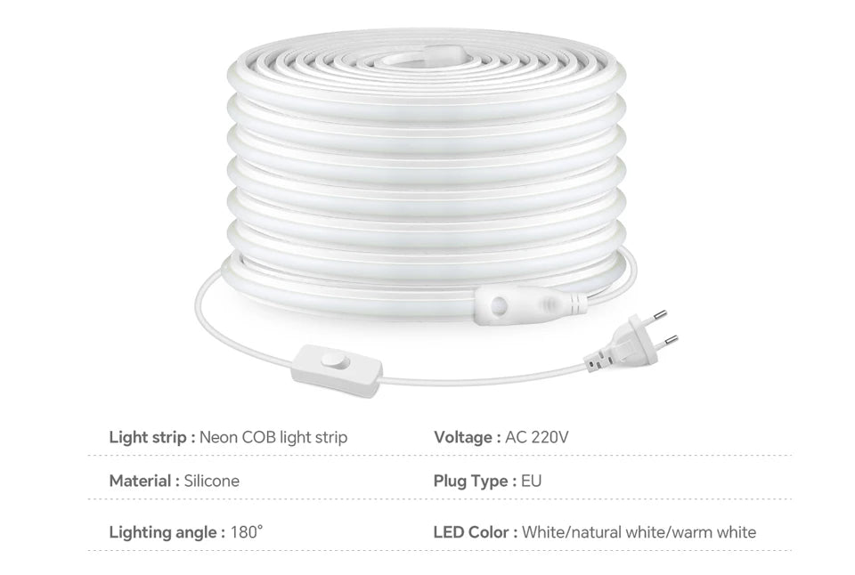 1-30M Flexible Solid Silicone COB LED Strip 220V for Home Ambience Decor