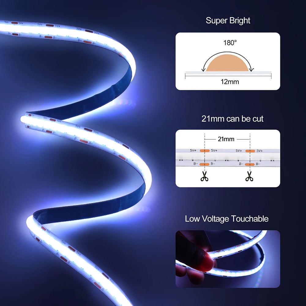 DC 5V USB RGB COB Light Strip 576LED/M Bluetooth APP 3key Controller