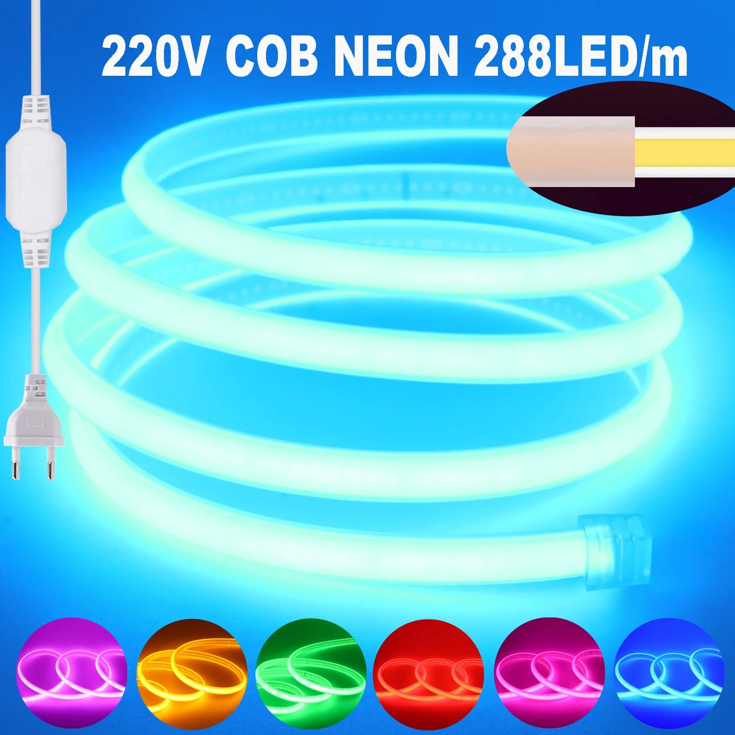 220V COB Neon Strip Light EU Plug Waterproof Outdoor