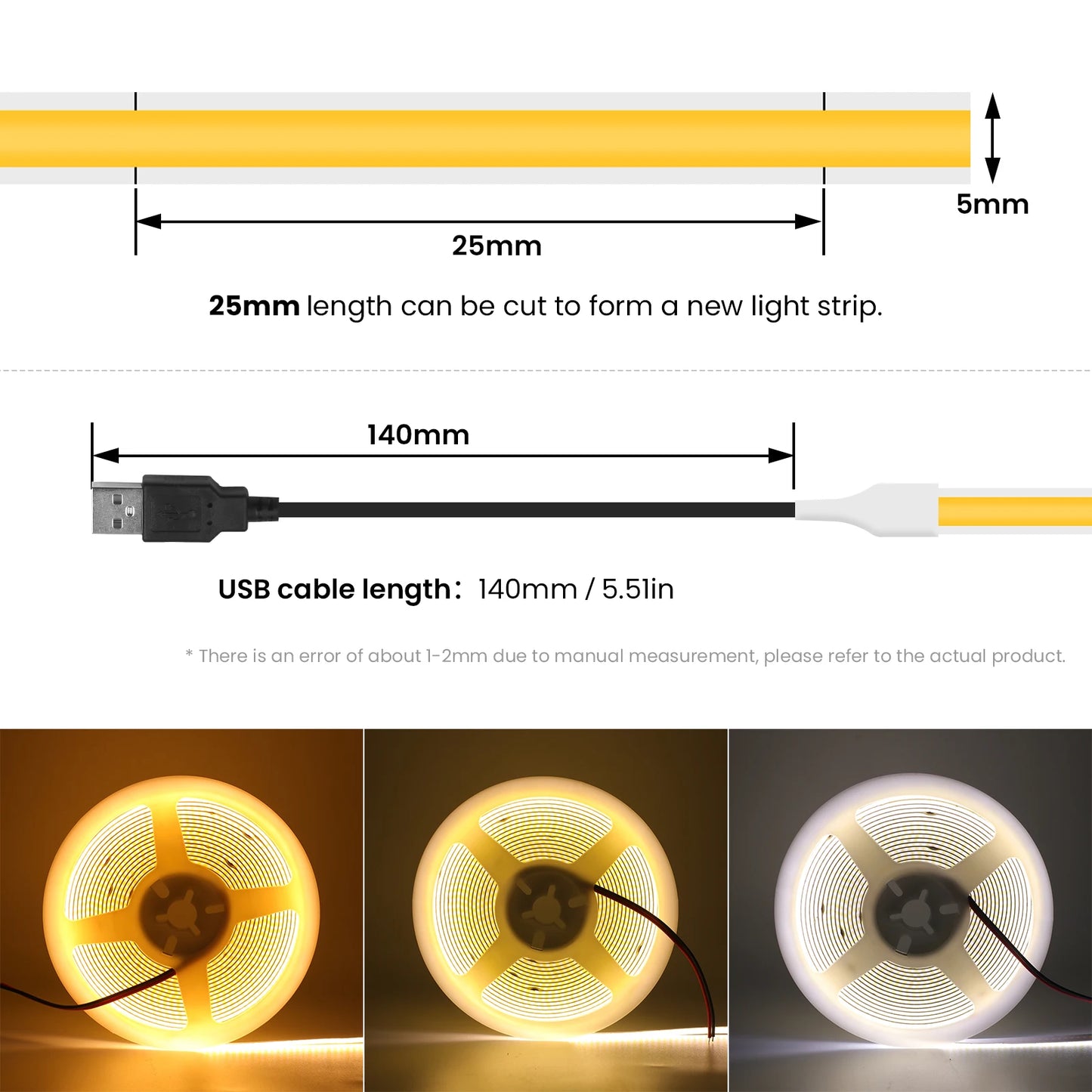 DC5V USB COB LED Strip Light 3MM 5MM 8MM Flexible LED Tape