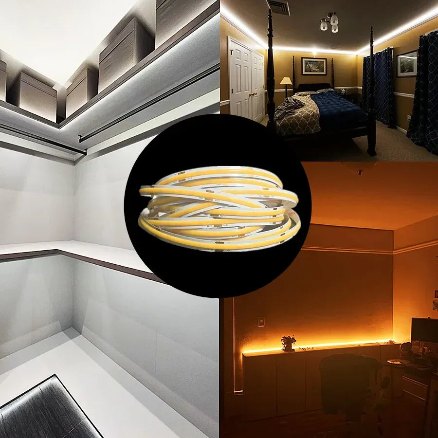 12V 24V COB LED Strip Ultra Thin 8MM Tape Light With DC Plug